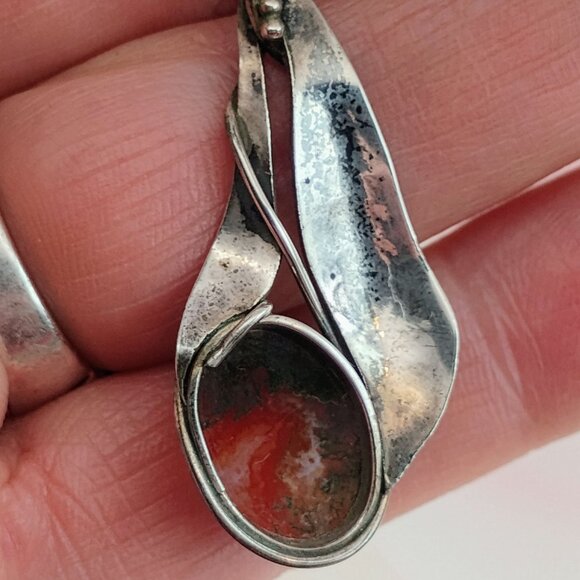 Vtg Art Nouveau Deco Carnelian Sterling Silver Pendant Necklace 18" Chain - Picture 7 of 13